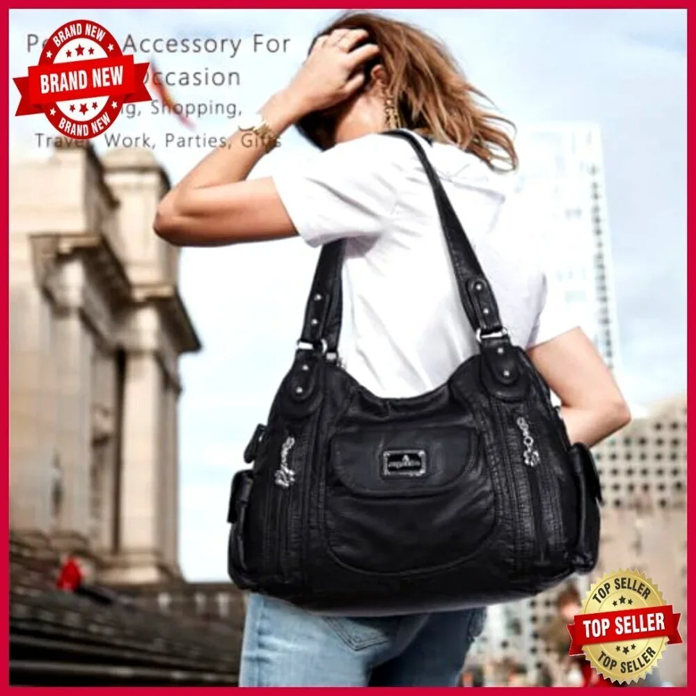 Large Hobo Tote Shoulder Bag Faux Leather Multi-Pocket Satchel Purse